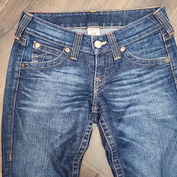 True Religion Blue Flare Wide Leg Stretch Jeans sz 27 Hemmed 28in - Picture 2 of 10